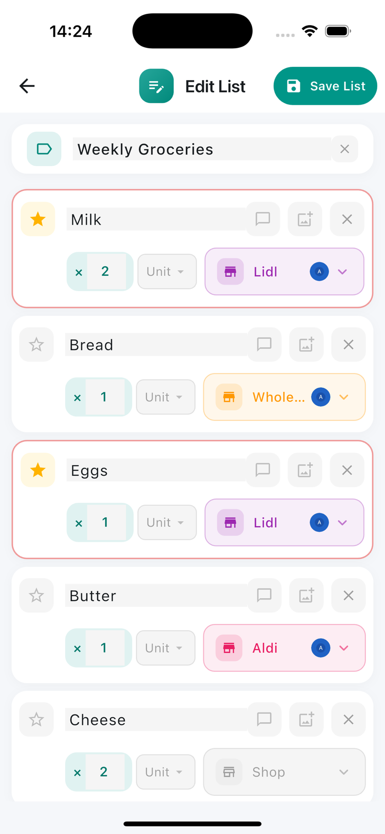 Edit items with quantities and stores