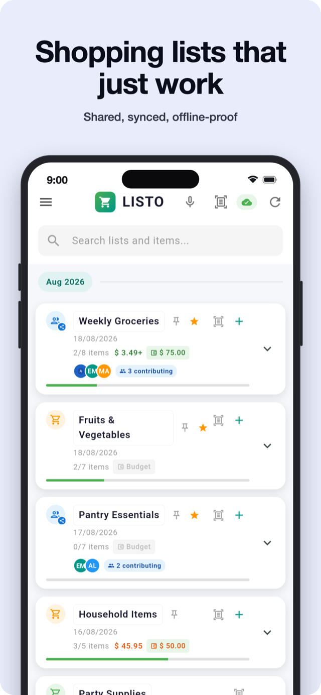 Listo main screen with shopping lists